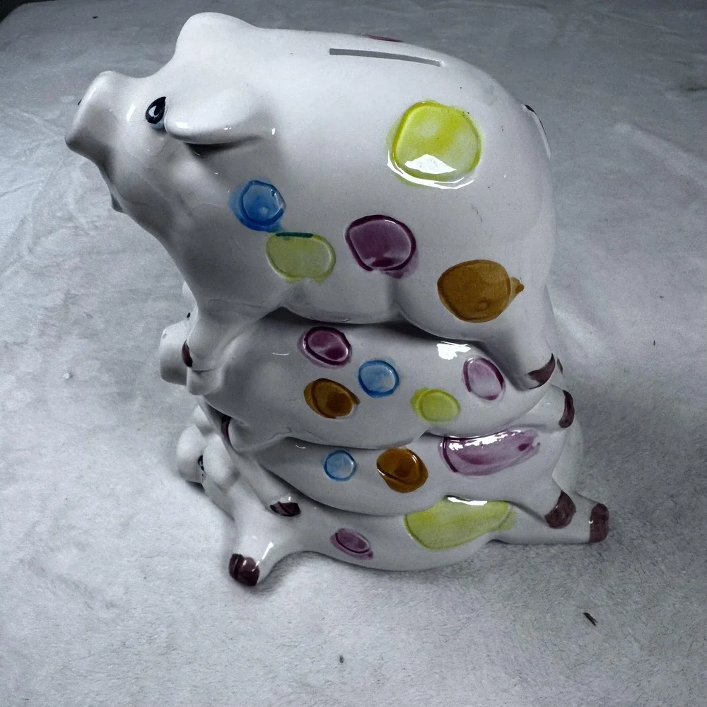 Ceramic Piggy Coin Bank Stacked Three‎ Pigs Colorful Polka Dot White Taiwan